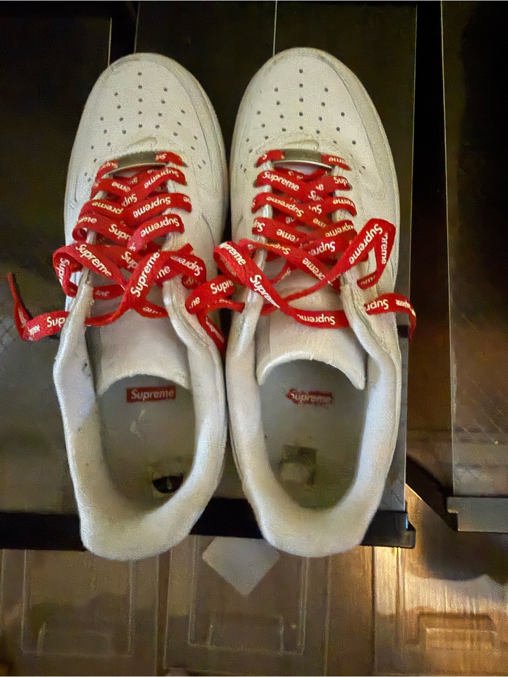 Nike White Air Force 1 with Red Supreme Laces - Picture 3 of 6